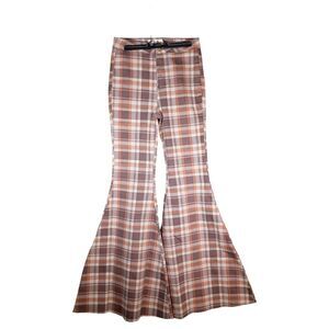 Free People Pants Jeans Womens 26 Brown Plaid Super Flare Bell Bottom Fringe